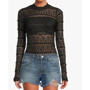 Free People Angelina Black Lace Long Sleeve Bodysuit SMALL